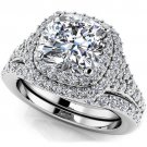 2.10 Tcw Cushion Cut CZ Solitaire Double Halo Bridal Ring Sets 10k White Gold
