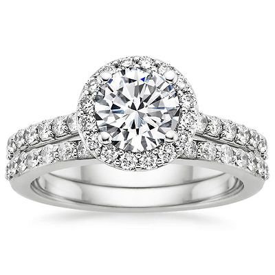 1.40 Tcw Shared Prong Halo Round CZ Bridal Wedding Ring Set 10K Solid White Gold