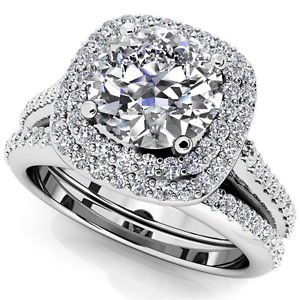 1.50 Tcw Round Solitaire CZ Double Halo Bridal Ring Sets 10K Solid White gold