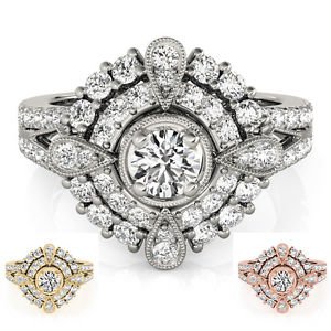 0.75 Cts Split Shank Double Halo Natural Diamond Engagement Ring 14k White gold