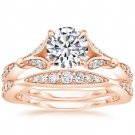 1.40 Tcw Nature Inspired CZ Round Solitaire Wedding Ring Sets In 10k Rose Gold