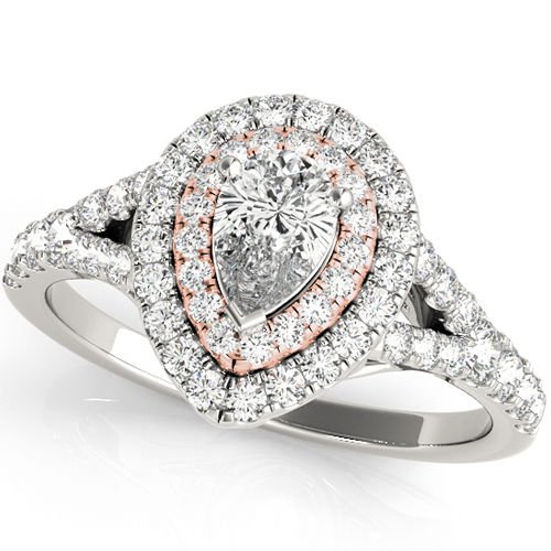 1.10 Tcw Two Tone Pear Shaped Double Halo CZ Engagement ring 10k White Rose gold