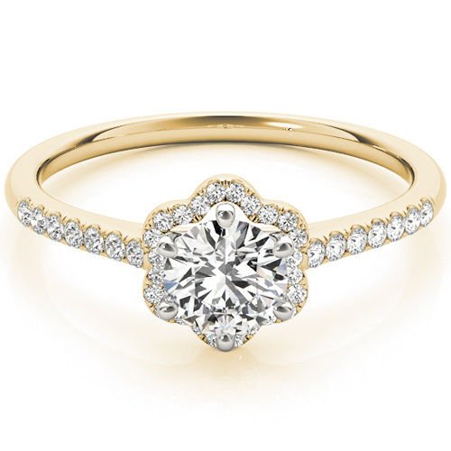 0.65 Ct Two Tone Petite Floral Halo Cathedral Engagement Ring In 14K Yellow Gold