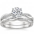 1.05 Tcw Round Solitaire CZ Petite Twisted Vine Wedding Ring Sets 10k White Gold