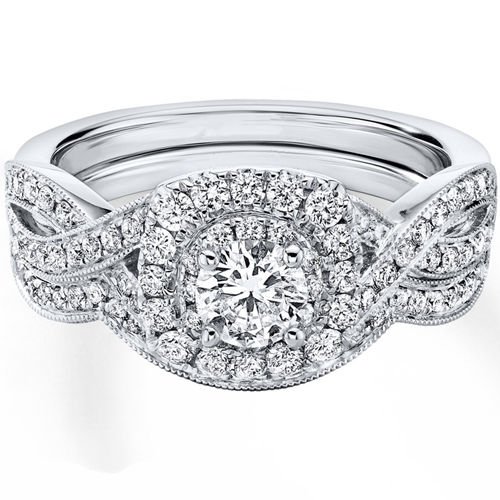 0.90 Tcw Round Cut Halo twist CZ Engagement And Wedding Ring Set 10K White Gold