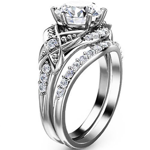 2.50 Tcw Vintage Floral Nature Inspired CZ Wedding Ring sets in 14k White Gold
