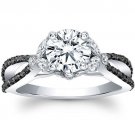 1.50 Tcw Split Shank Black And White Stone Floral Engagement Ring 10K White Gold