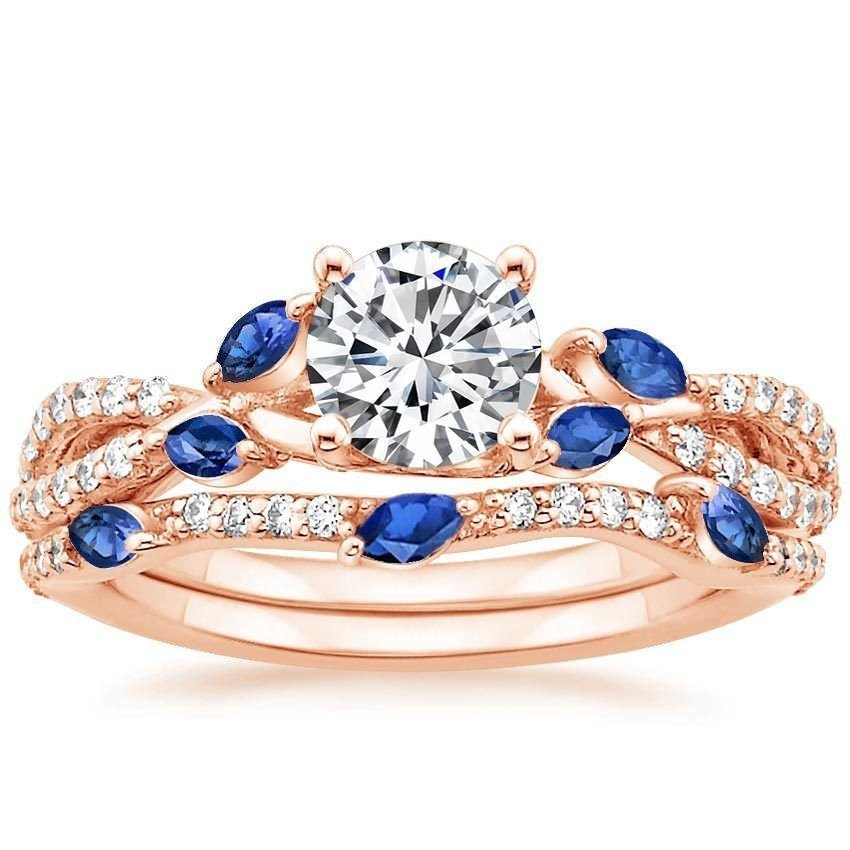 1.70 Ct Blue Sapphire Marquise Luxe Willow Wedding Ring Sets In 18K Rose gold