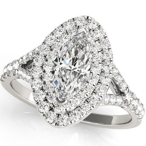 0.75 Ct Split Shank Marquise Shape Double Halo Engagement Ring In 10k White Gold