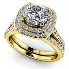 1.50 Tcw Round Solitaire CZ Double Halo Bridal Ring Sets 14K Solid Yellow gold