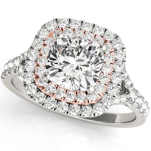1.20 Tcw Two tone Cushion Cut Double Halo CZ Engagement ring 10k White Rose gold