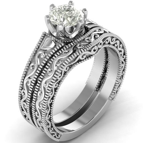 0.80 Tcw Antique Round Solitaire Vintage Wedding Ring Sets 10k Solid White Gold