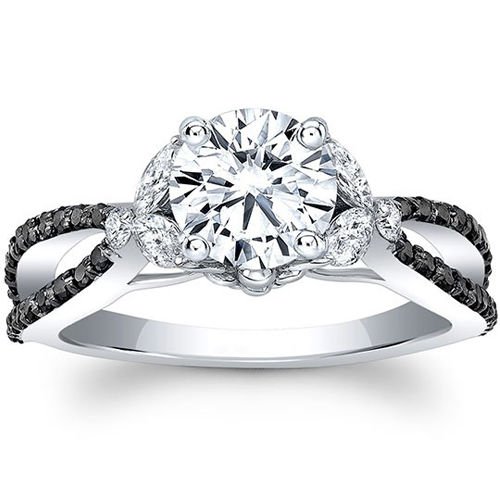 1.50 Tcw Split Shank Black And White Stone Floral Engagement Ring 14K White Gold