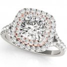 1.20 Tcw Two tone Cushion Cut Double Halo CZ Engagement ring 14k White Rose gold