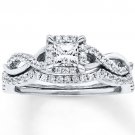0.75 Tcw Princess Cut Halo CZ Intertwining Waves Wedding Ring Set 18K White Gold