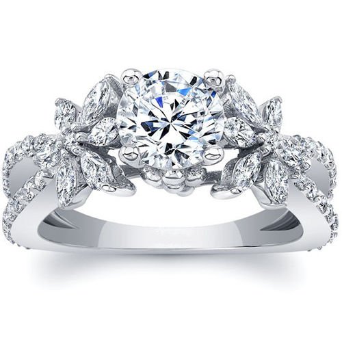 1.90 Tcw Split Shank Round and Marquise Floral Engagement Ring In 14K White Gold