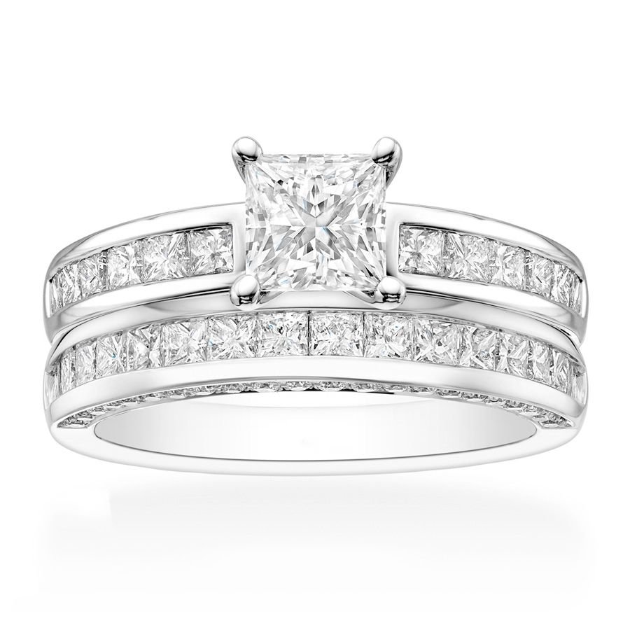 2.30 Tcw Princess Cut CZ Channel Set Engagement And Wedding Ring Set 18K W Gold