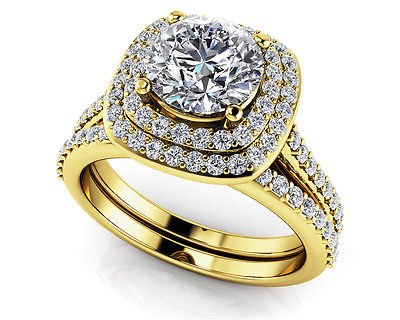 1.50 Tcw Round Solitaire CZ Double Halo Bridal Ring Sets 18K Solid Yellow gold