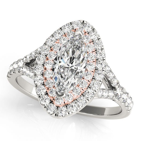 0.75 Tcw Two Tone Marquise Double Halo Cz Engagement Ring 10k White & Rose Gold