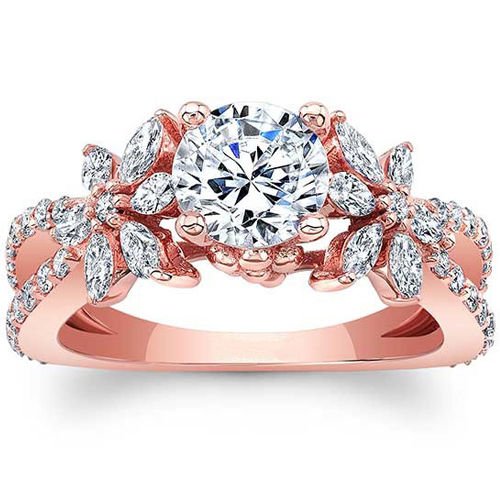 1.90 Tcw Split Shank Round and Marquise Floral Engagement Ring In 10K Rose Gold