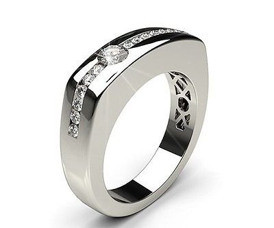 0.60 Ct Semi Bezel Channel Set Round Cut Gents Ring In 14k Solid White Gold