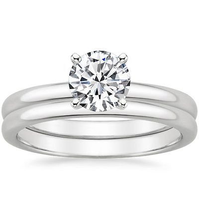 0.80 Tcw Plain Band Solitaire CZ Bridal Wedding Ring Set 14k Solid White Gold