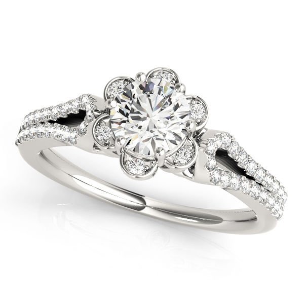 1.00 Tcw Petite Floral CZ Halo Engagement Ring with Split Band In 10K White Gold