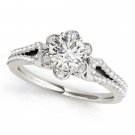 1.00 Tcw Petite Floral CZ Halo Engagement Ring with Split Band In 14K White Gold