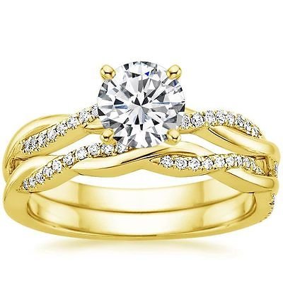 1.05 Ct Round Solitaire Petite Twisted Vine Wedding Ring Set In 14k Yellow Gold