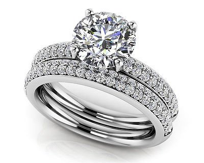 1.95 Tcw Round Cut Solitaire Four Row CZ Wedding Ring Sets 10K Solid White Gold