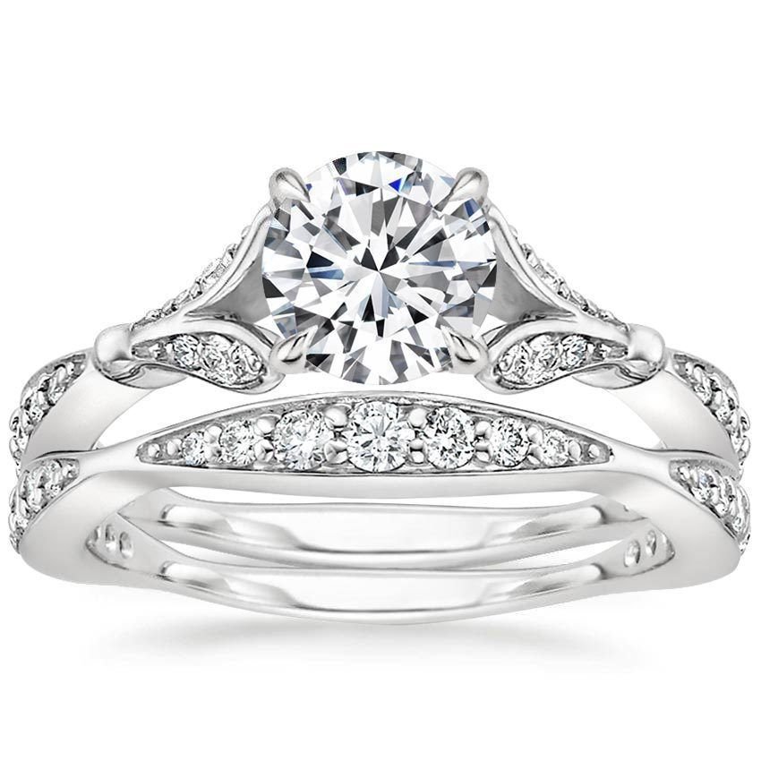 1.40 Tcw Nature Inspired CZ Round Solitaire Wedding Ring Sets In 14k White Gold