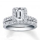 2.50 Tcw Emerald Cut Halo CZ Pave Engagement And Wedding Ring Set 18K White Gold