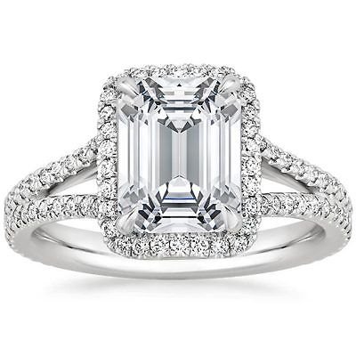 2.55 Tcw Solitaire Emerald Cut Split Shank Halo Engagement Ring 14k White Gold