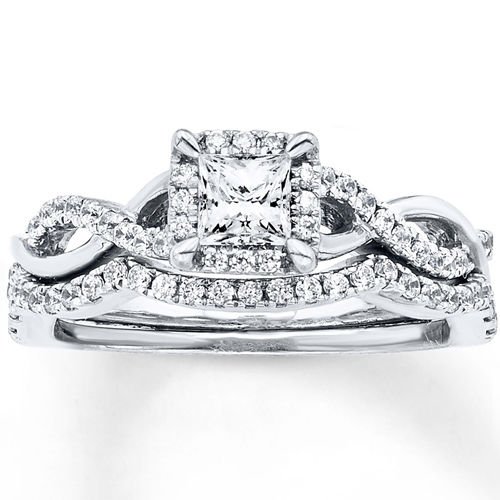 0.75 Tcw Princess Cut Halo CZ Intertwining Waves Wedding Ring Set 14K White Gold