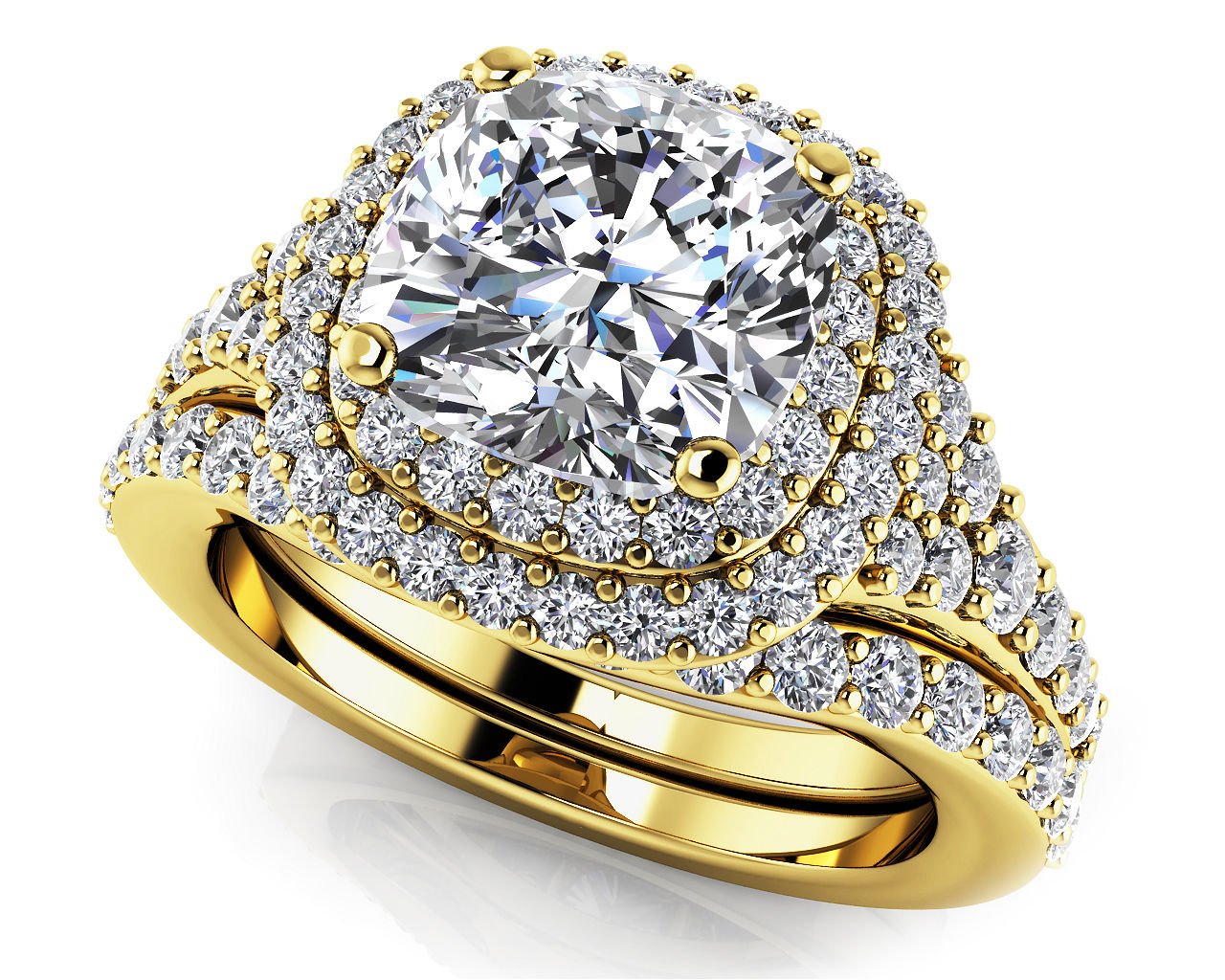 2.10 Tcw Cushion Cut CZ Solitaire Double Halo Bridal Ring Sets 10k Yellow Gold