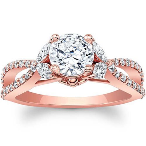 1.50 Tcw Split Shank Round and Marquise Floral Engagement Ring In 18K Rose Gold