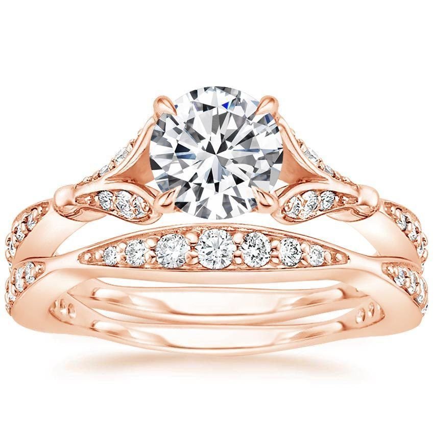 1.40 Tcw Nature Inspired CZ Round Solitaire Wedding Ring Sets In 14k Rose Gold