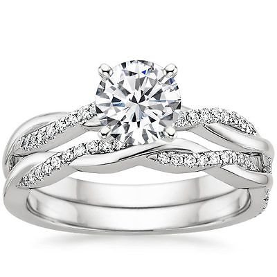 1.05 Tcw Round Solitaire CZ Petite Twisted Vine Wedding Ring Sets 18k White Gold