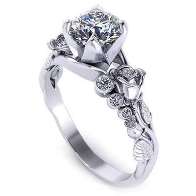 1.15 ct Round Cut Solitaire Rose Floral Design Nature Inspired 14K White Gold