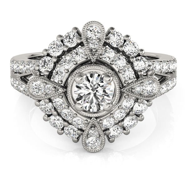 0.75 Tcw CZ Compass milligrain split Double Halo Engagement Ring 18K White Gold