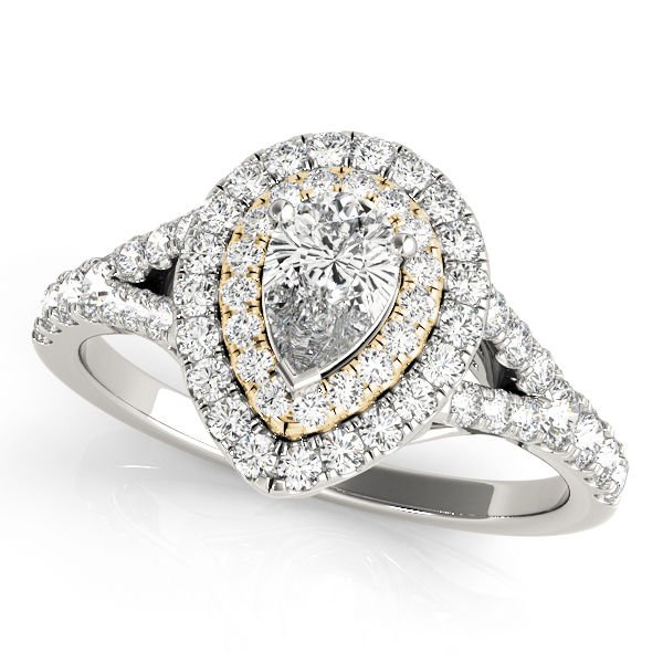 1.10 Tcw Two Tone Pear Shaped Double Halo CZ Engagement ring 14k White & YG