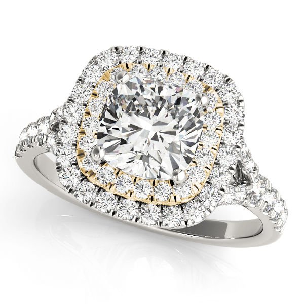 1.20 TCW Two Tone Cushion Double CZ Halo Engagement Ring 18 K White Yellow Gold
