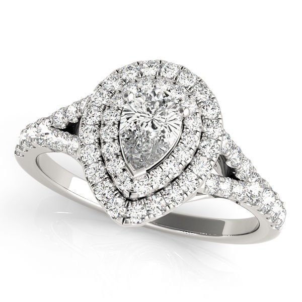 1.10 Tcw Two Tone Pear Shaped Double Halo CZ Engagement ring 18k White Gold