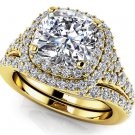2.10 Tcw Cushion Cut CZ Solitaire Double Halo Bridal Ring Sets 18k Yellow Gold
