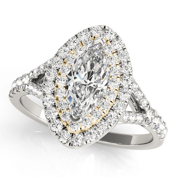 0.75 Tcw Two Tone Marquise Double Halo Cz Engagement Ring 18k White And Y Gold