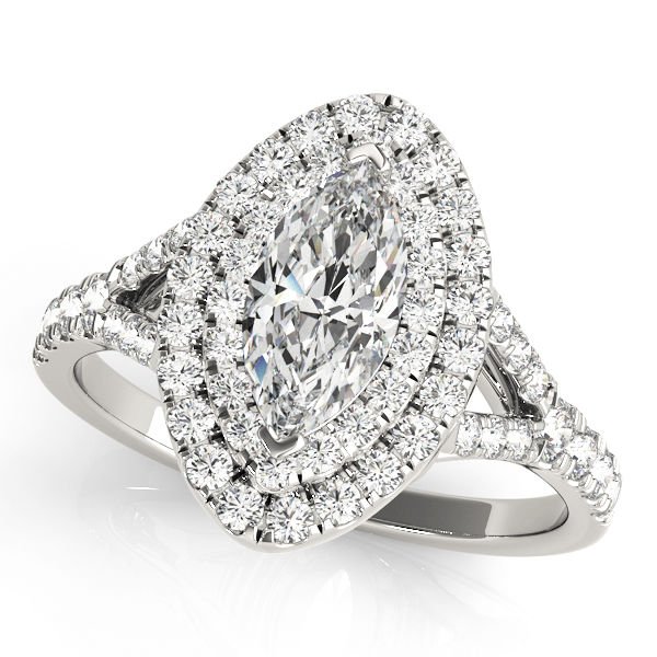 0.75 Tcw Split Shank Marquise Double Halo Cz Engagement Ring 18k White Gold