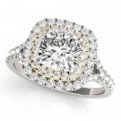 1.20 TCW Two Tone Cushion Double CZ Halo Engagement Ring 14 K White Yellow Gold