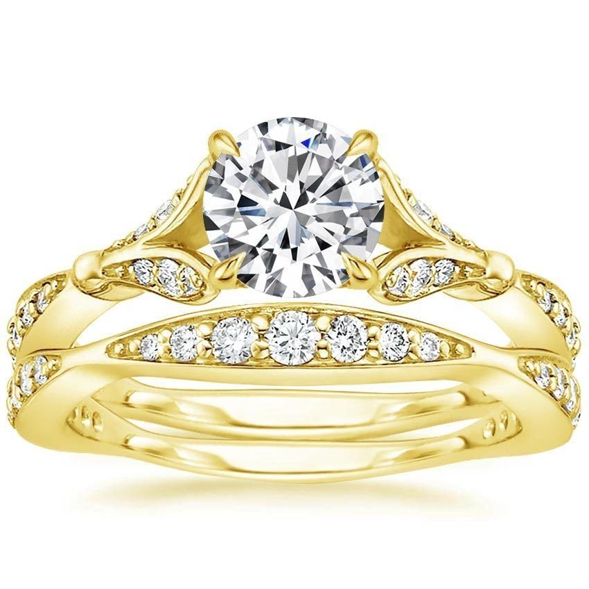 1.40 Tcw Nature Inspired CZ Round Solitaire Wedding Ring Sets In 14k Yellow Gold