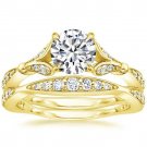 1.40 Tcw Nature Inspired CZ Round Solitaire Wedding Ring Sets In 14k Yellow Gold