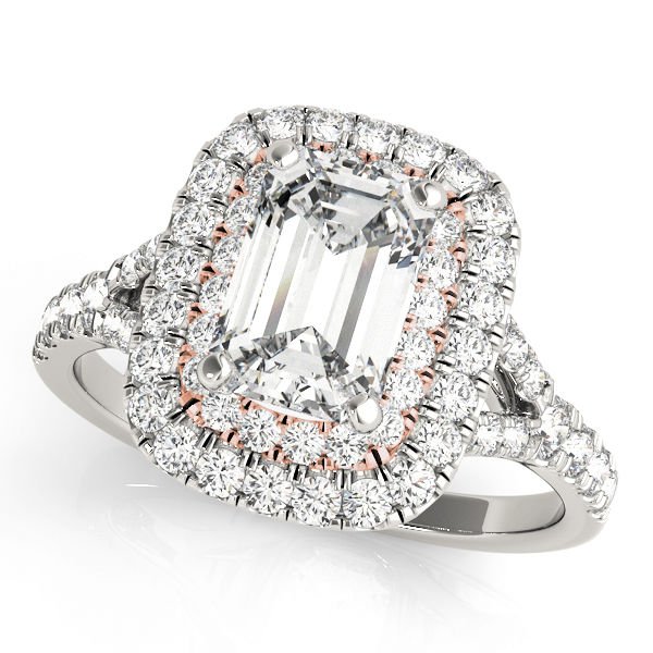 1.10 Tcw Two Tone Emerald Cut Double Halo CZ Engagement ring 18k White Rose gold